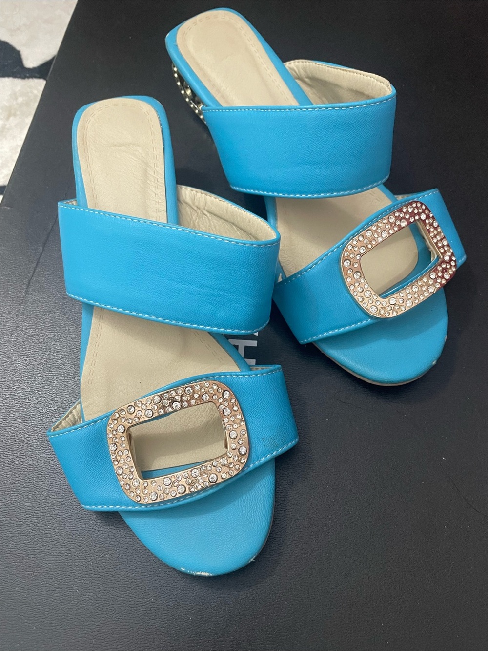 Blue Crystal Buckle Slide Sandals - Women